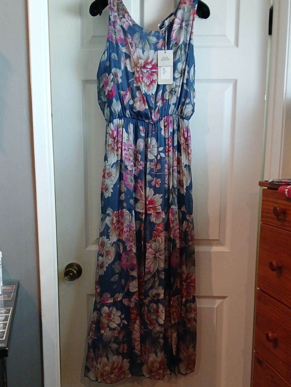 LARA G. Blue Floral Silk-Blend Dress with Pink & Cream Blooms
